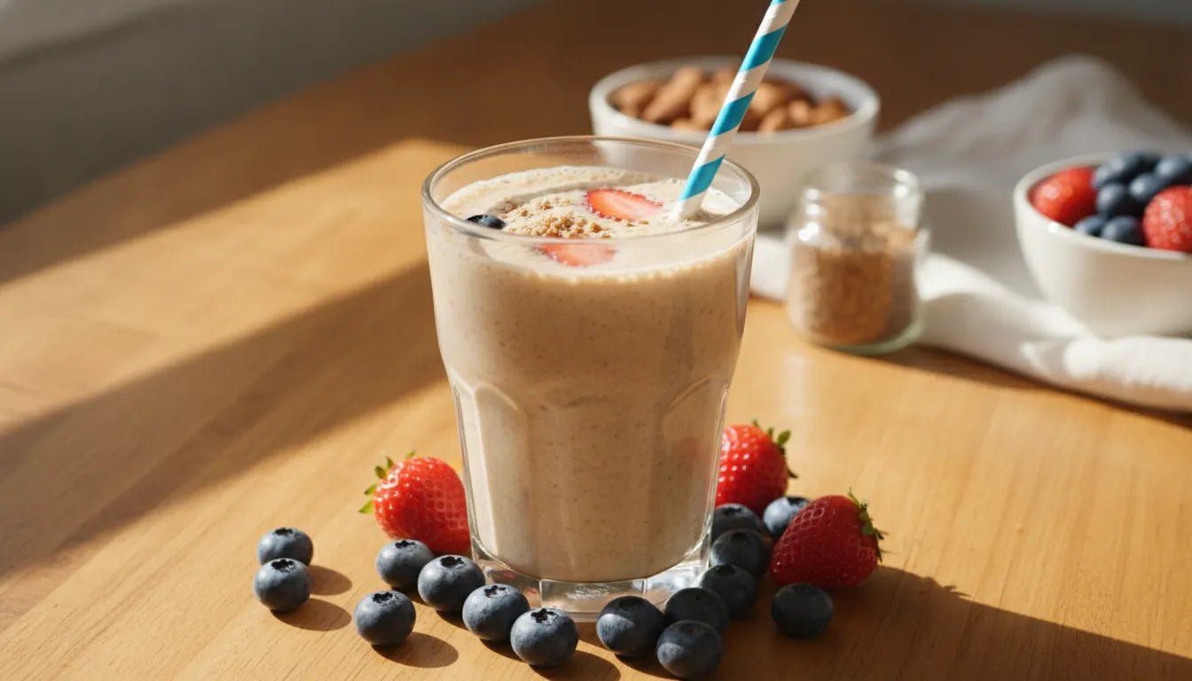 Nutritious breakfast shake for kids with fresh berries and almonds on a kitchen table