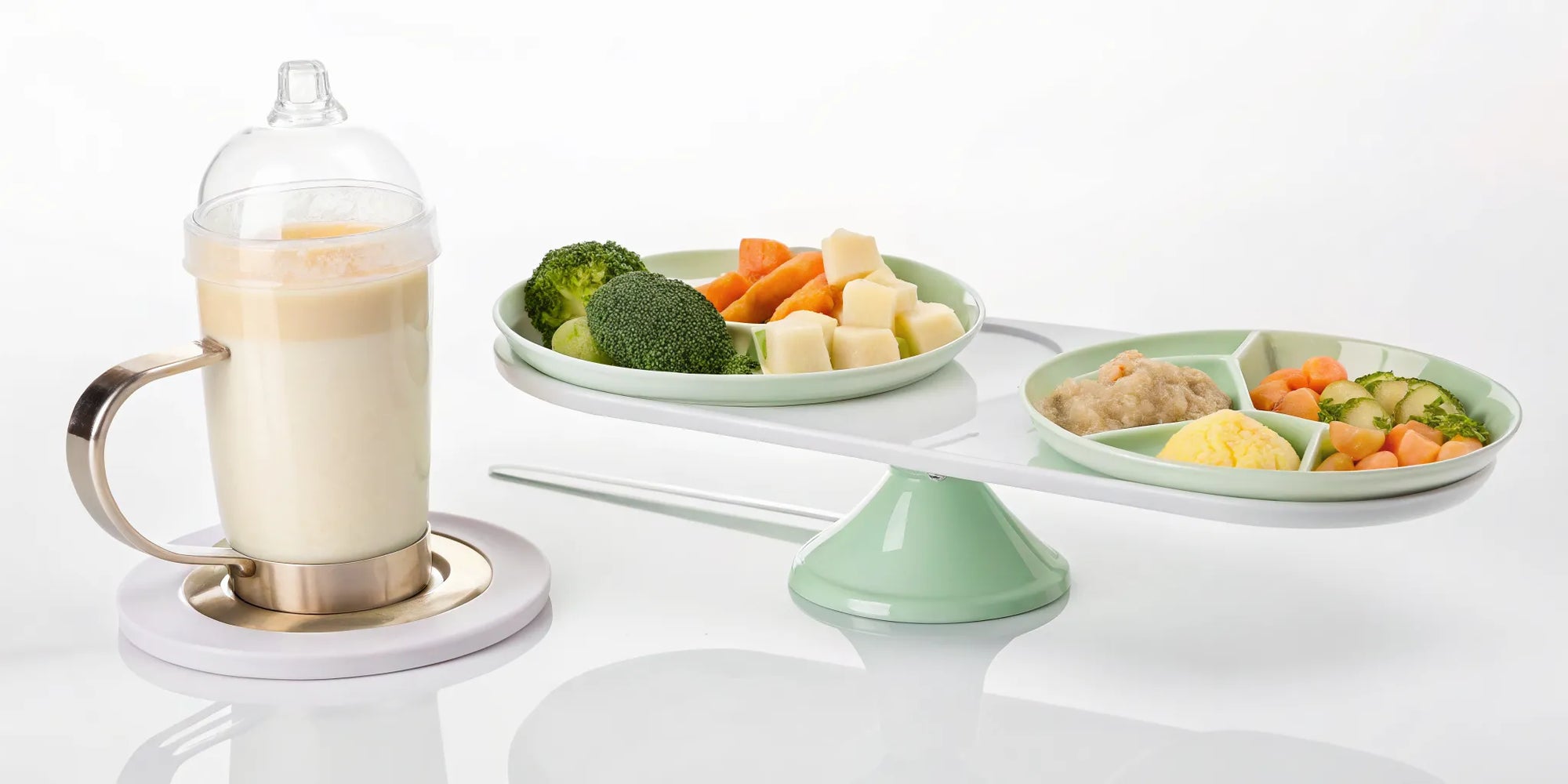 A toddler nutrition drink next to a plate of food, asking if a drink can replace a meal.