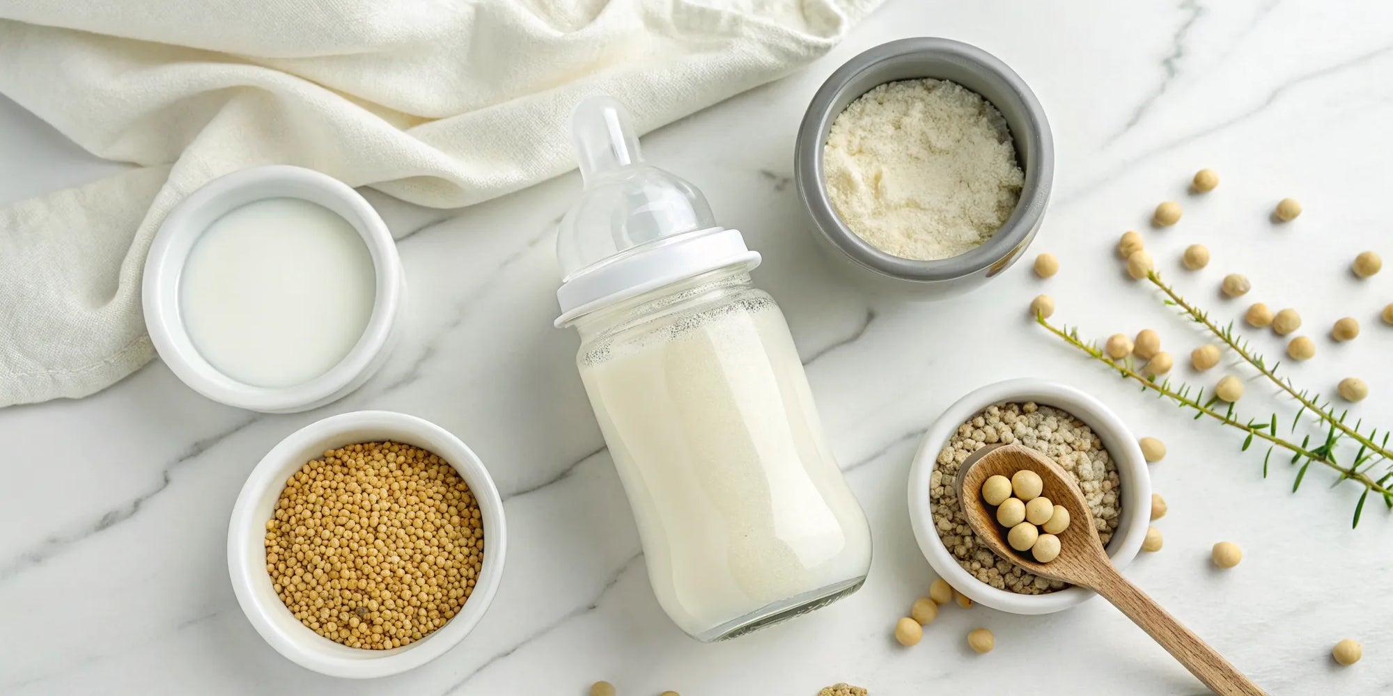 A bottle of plant-based baby formula with key ingredients like soybeans, grains, and powder.