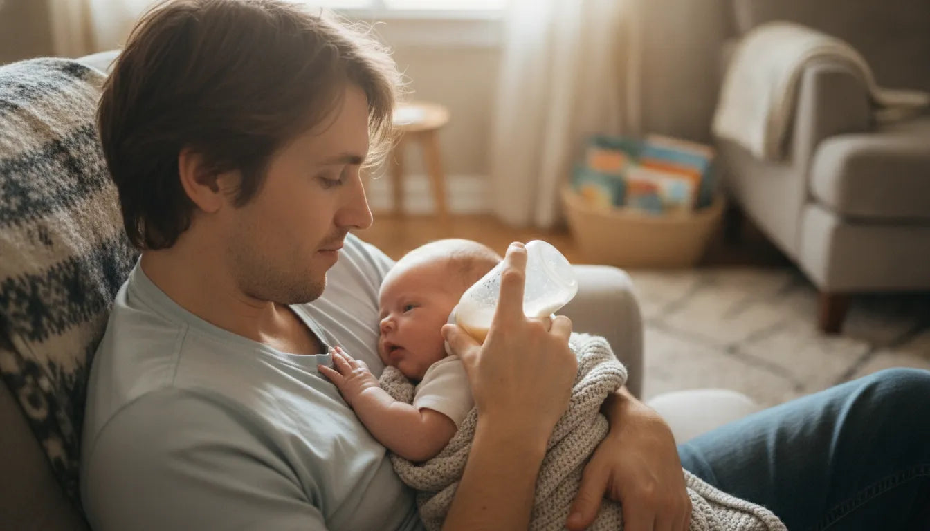 Parent gently bottle-feeding a baby in a warm, cozy home setting