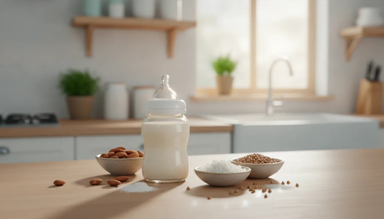 Clean-label pediatric nutrition ingredients on a family kitchen counter