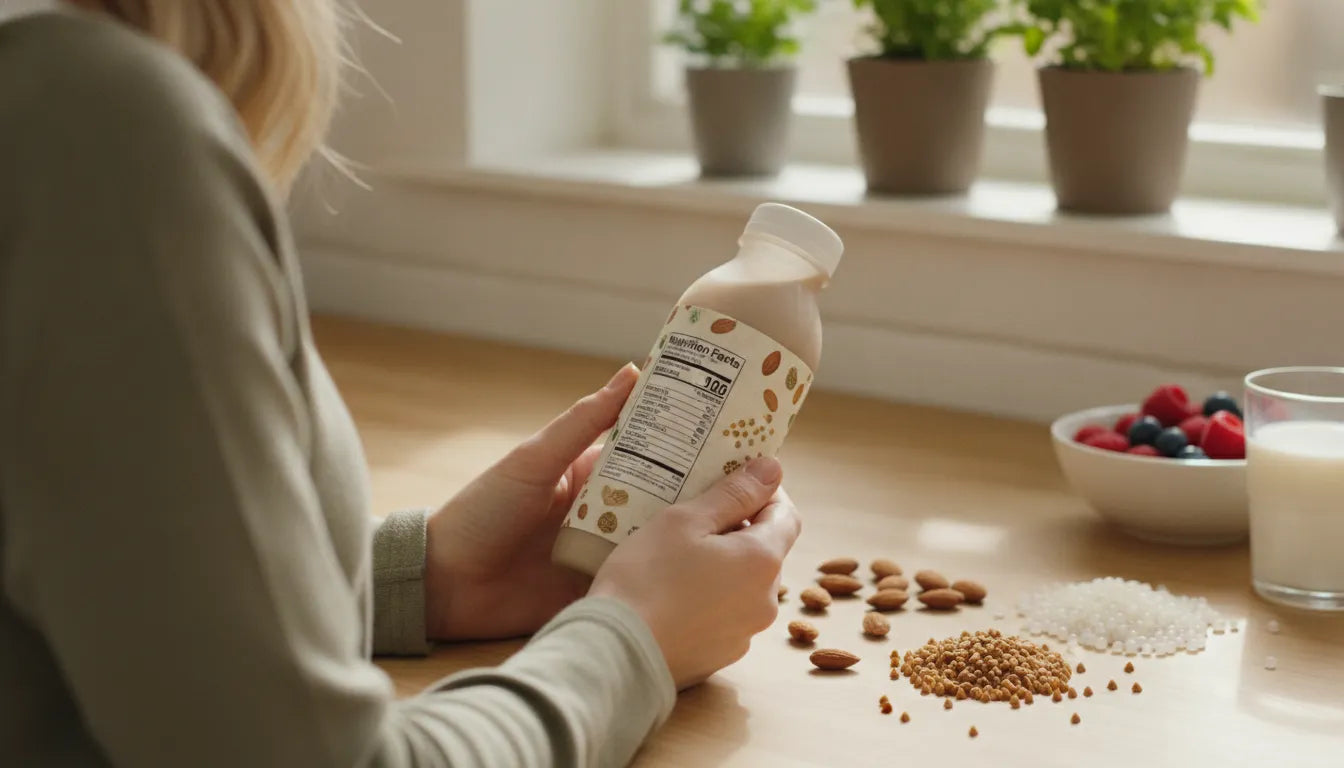 Parent checking the label of a plant-based kids shake