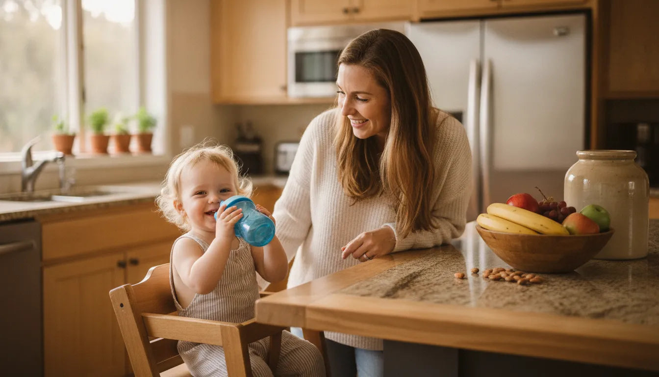 Happy toddler drinking from a sippy cup in a bright kitchen with mother nearby