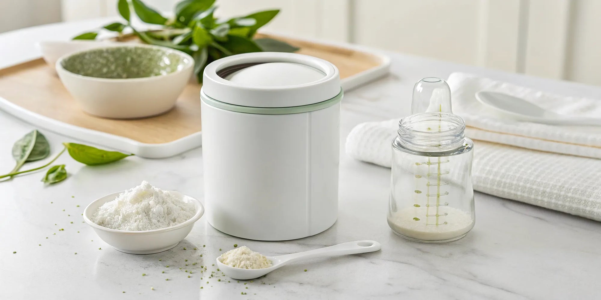 Else toddler formula powder in a bowl next to its canister and a prepared baby bottle.