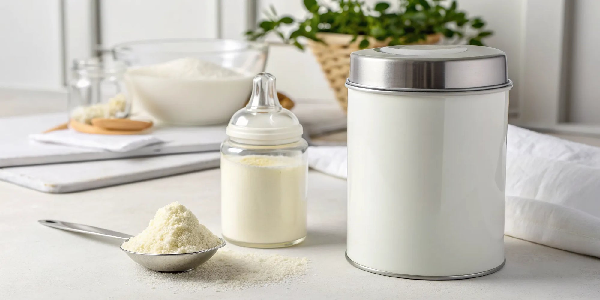 A canister of baby formula with no corn syrup solids, a scoop, and a prepared bottle.