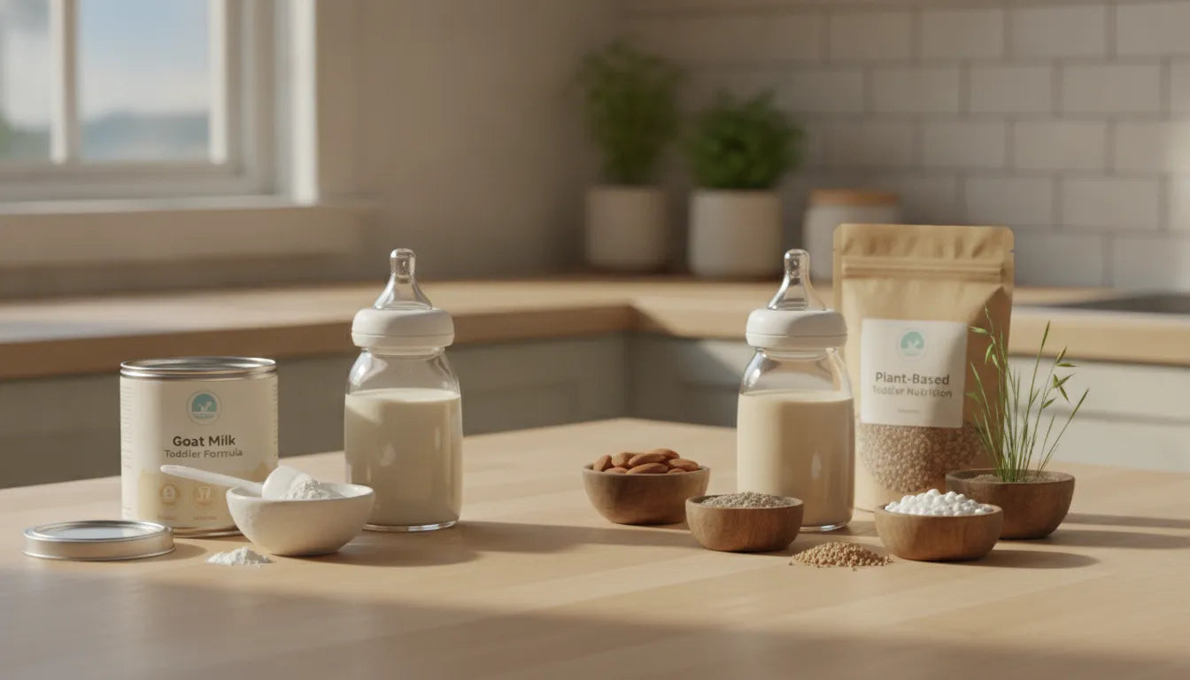 Parent comparing goat milk and plant-based nutrition options