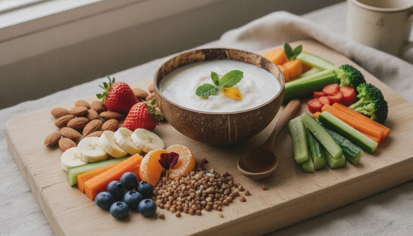 Whole foods for baby gut health including almonds, buckwheat, oats, bananas, and sweet potatoes arranged on a wooden surface