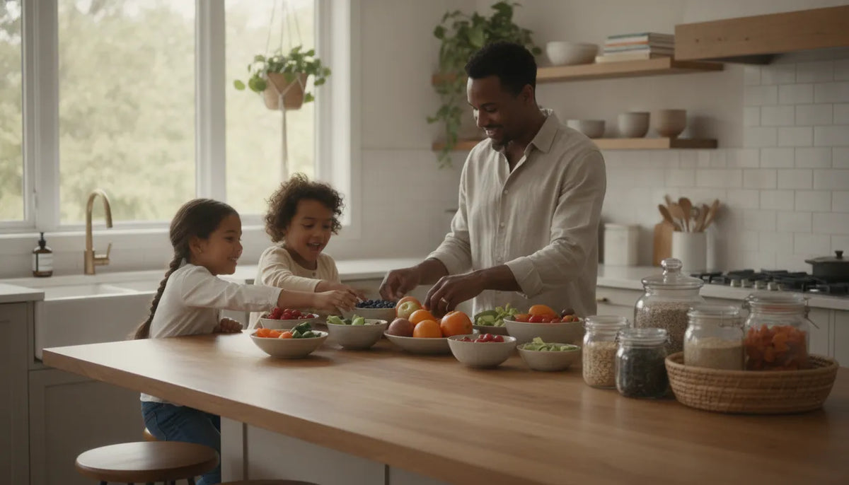 Parent preparing colorful plant-based snacks for children