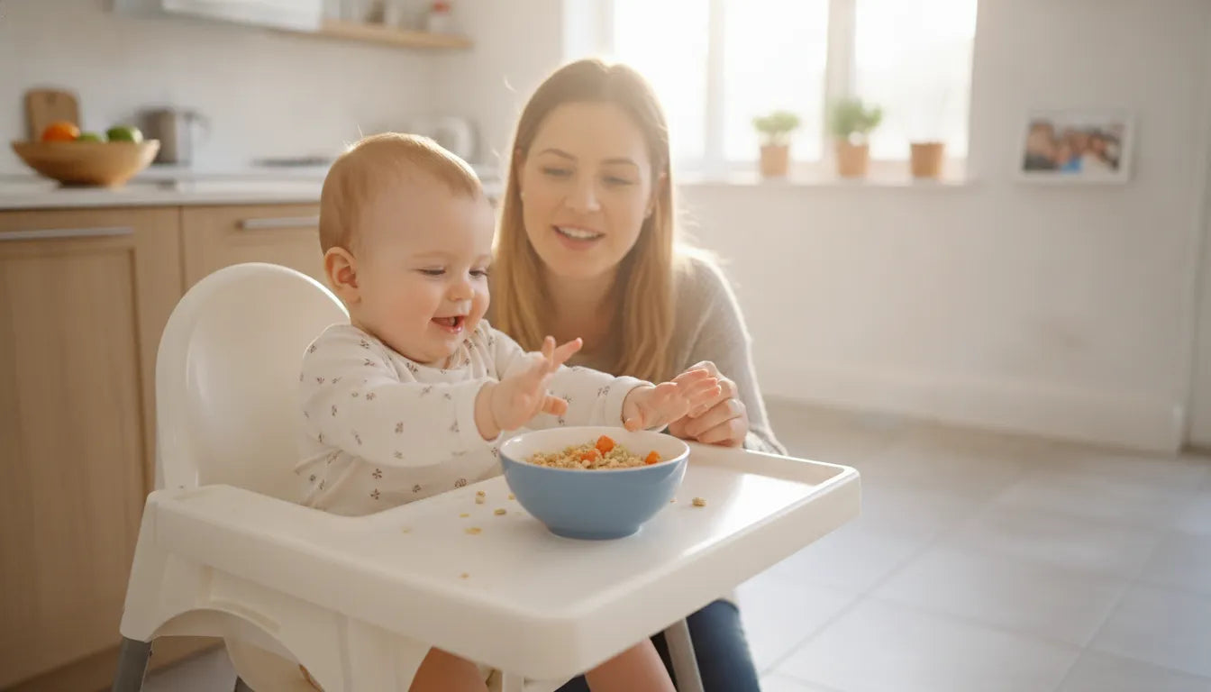 Happy baby sitting in a high chair reaching for a bowl of plant-based cereal in a bright kitchen