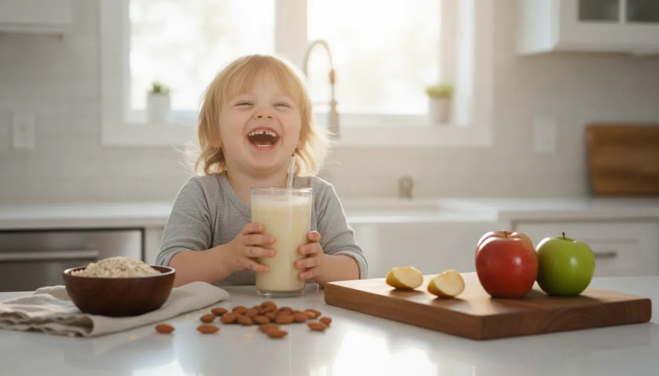 A happy young child holding a glass of clean, plant-based complete nutrition shake at a kitchen counter with whole foods