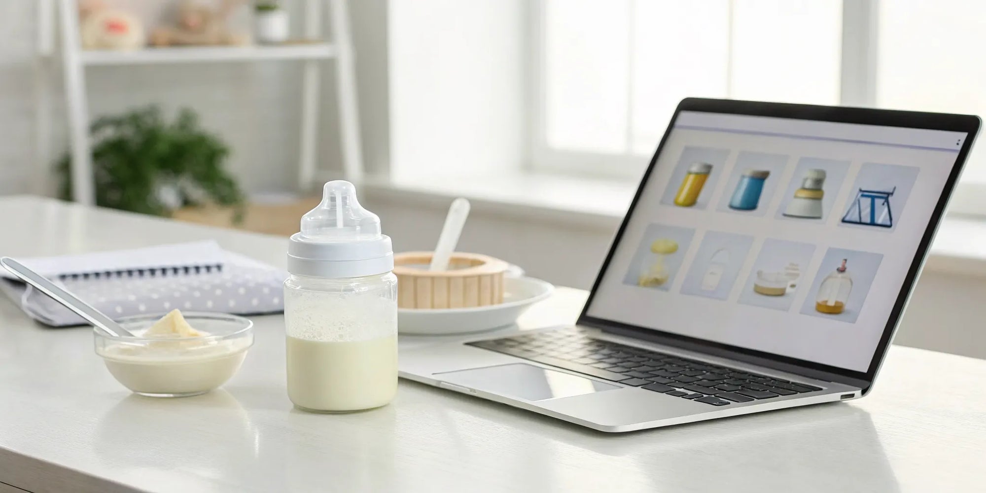 A laptop used to buy baby formula online, with a baby bottle and bowl of formula nearby.