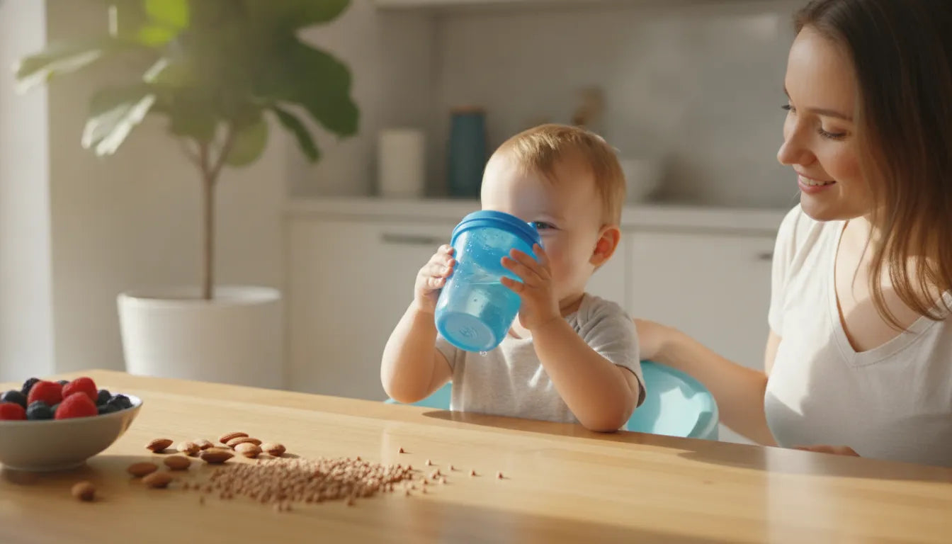 A toddler happily drinking a plant-based whole-food shake at a bright kitchen table with almonds, buckwheat, and wholesome foods nearby