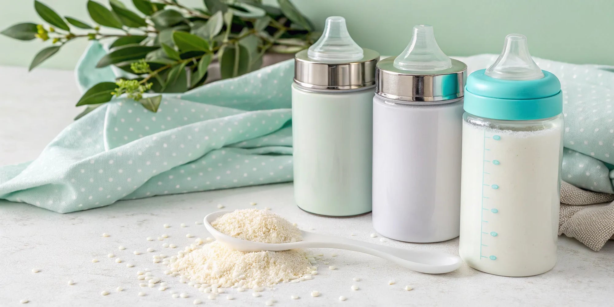 Baby formula for a sensitive stomach in bottles with a spoon of powder.