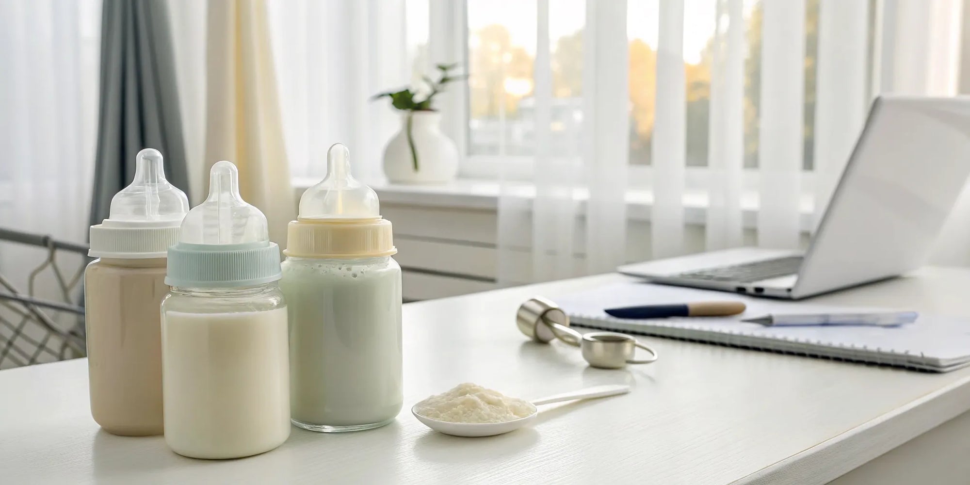 Baby bottles with powdered baby formula for gas relief and measuring spoons.