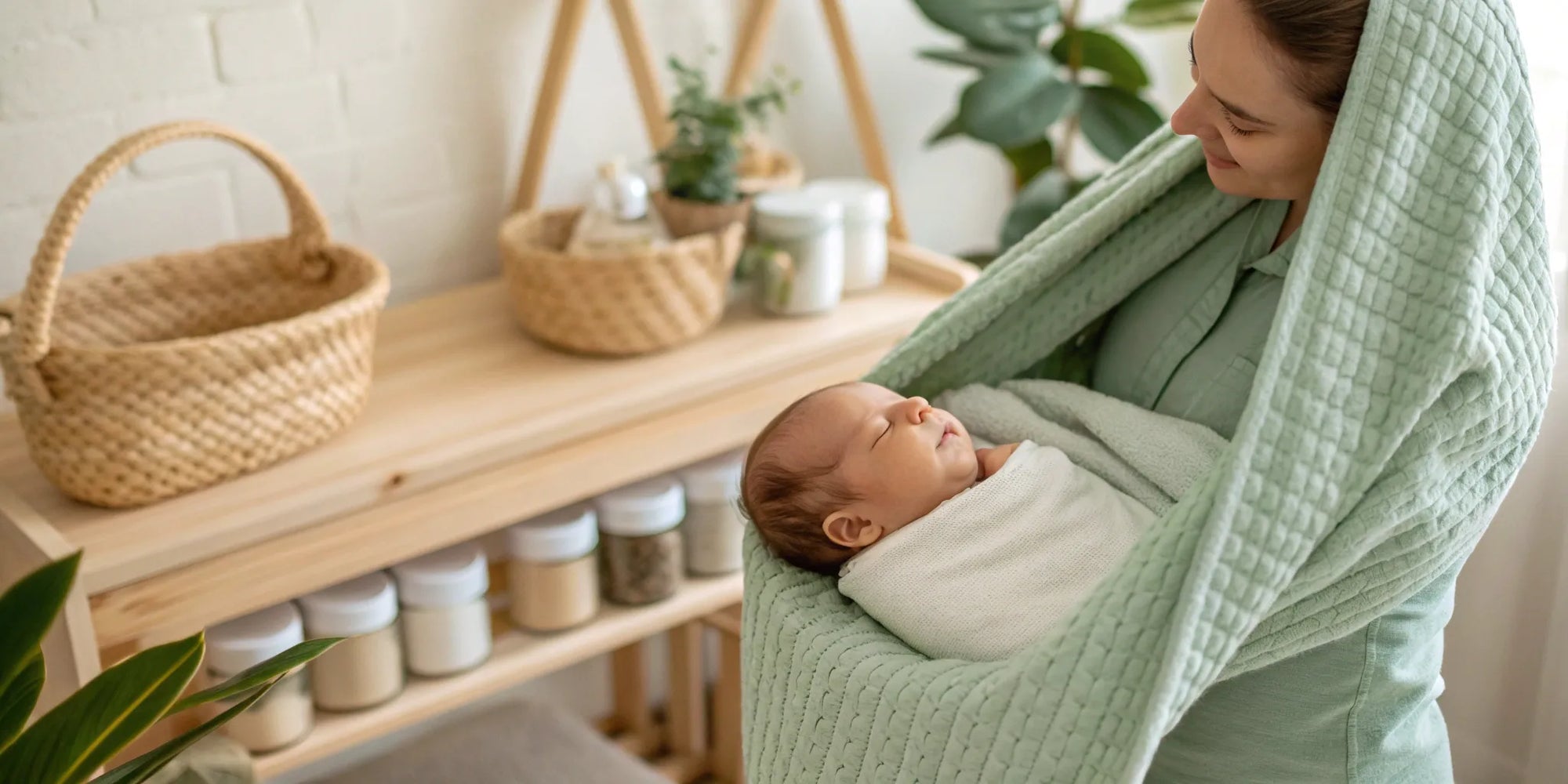 A mother holds her calm baby, having found the best formula for colic.