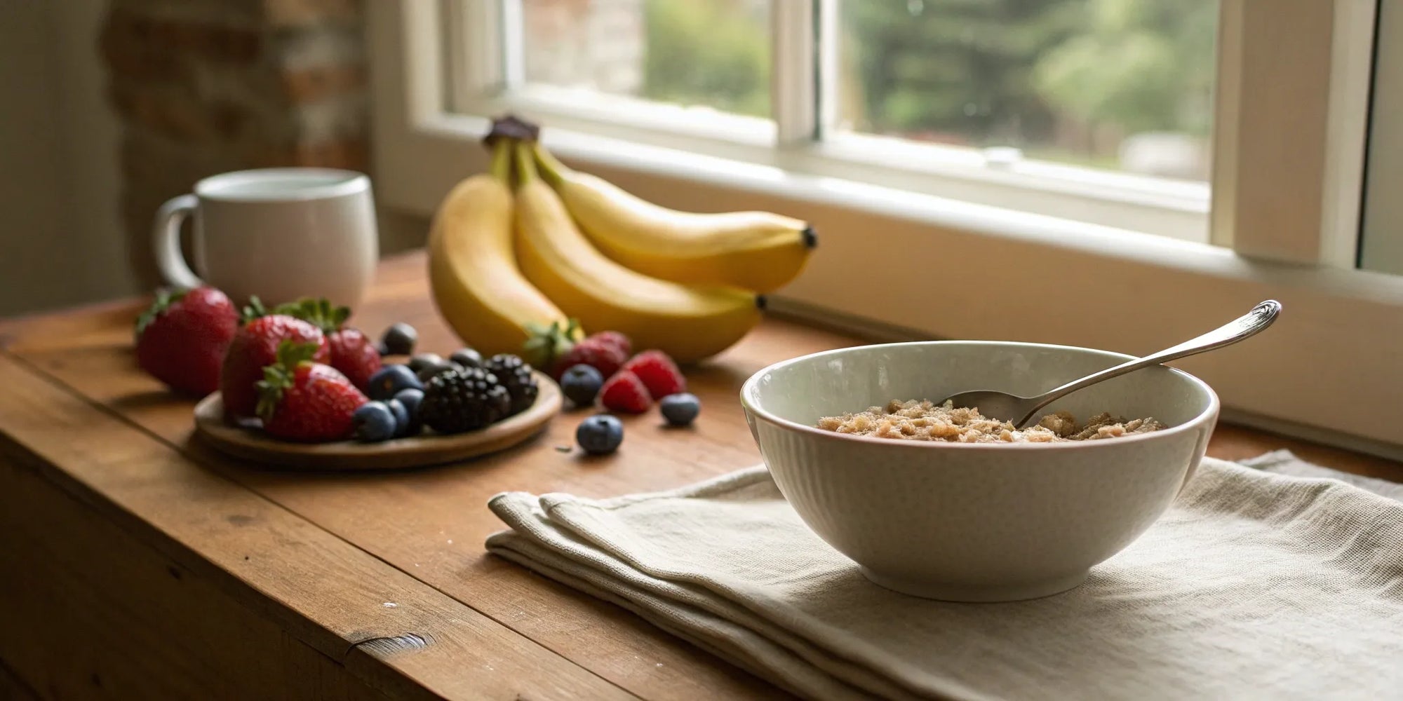 Bowl of organic infant cereal topped with fresh bananas and berries.