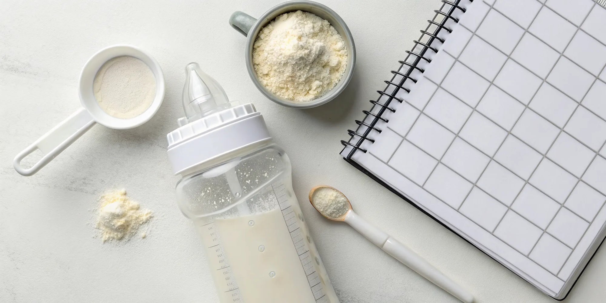 Baby bottle and formula ready for planning a baby feeding schedule.