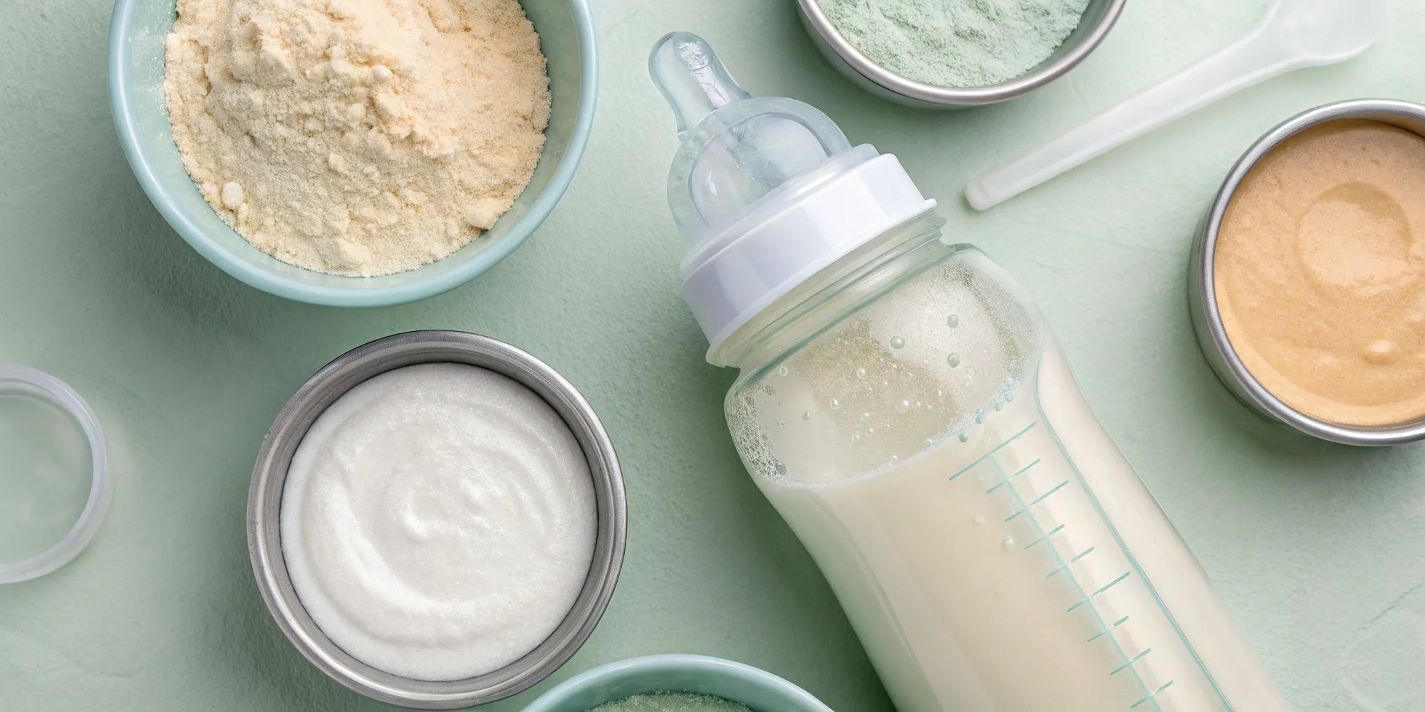 A baby bottle and cans of the best baby formula for loose stools.
