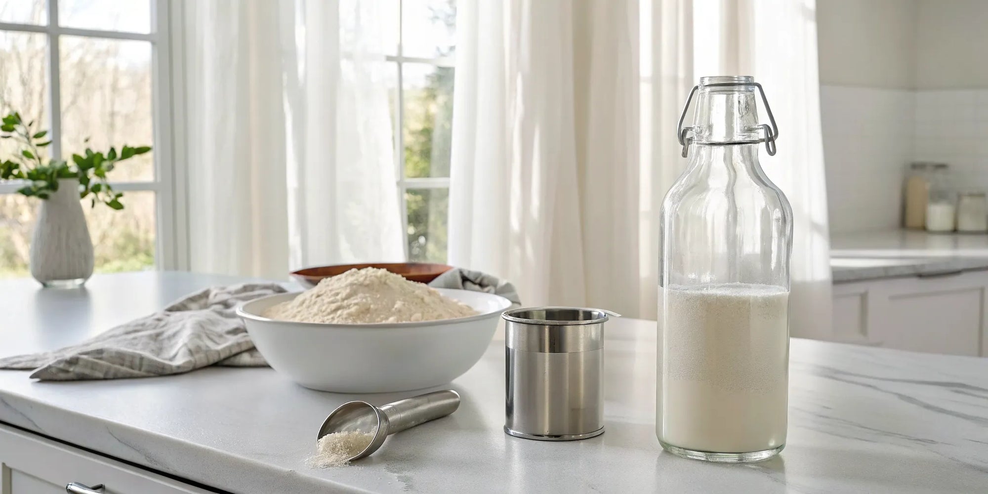 Mixing toddler formula without clumps with a scoop of powder and a bottle.
