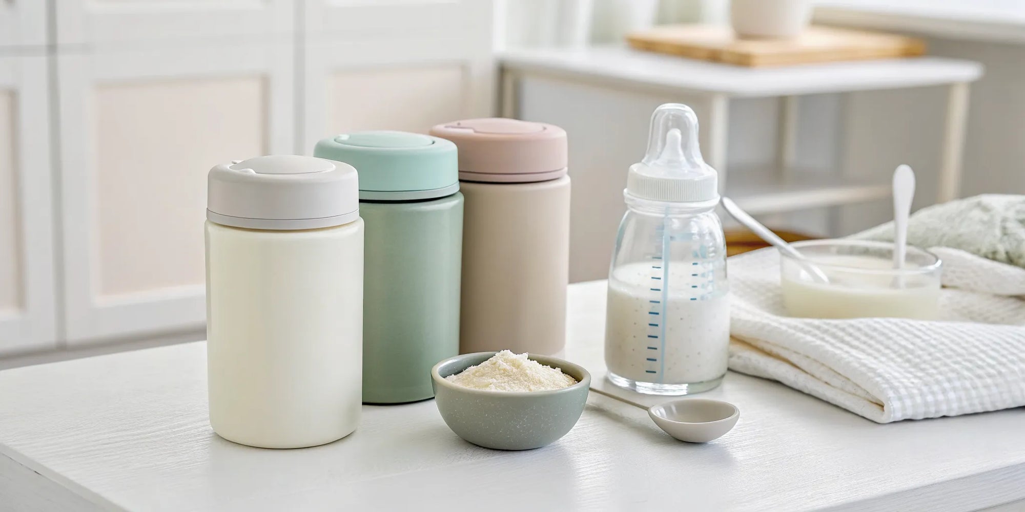 Containers of the best baby formula for gas and a prepared baby bottle.