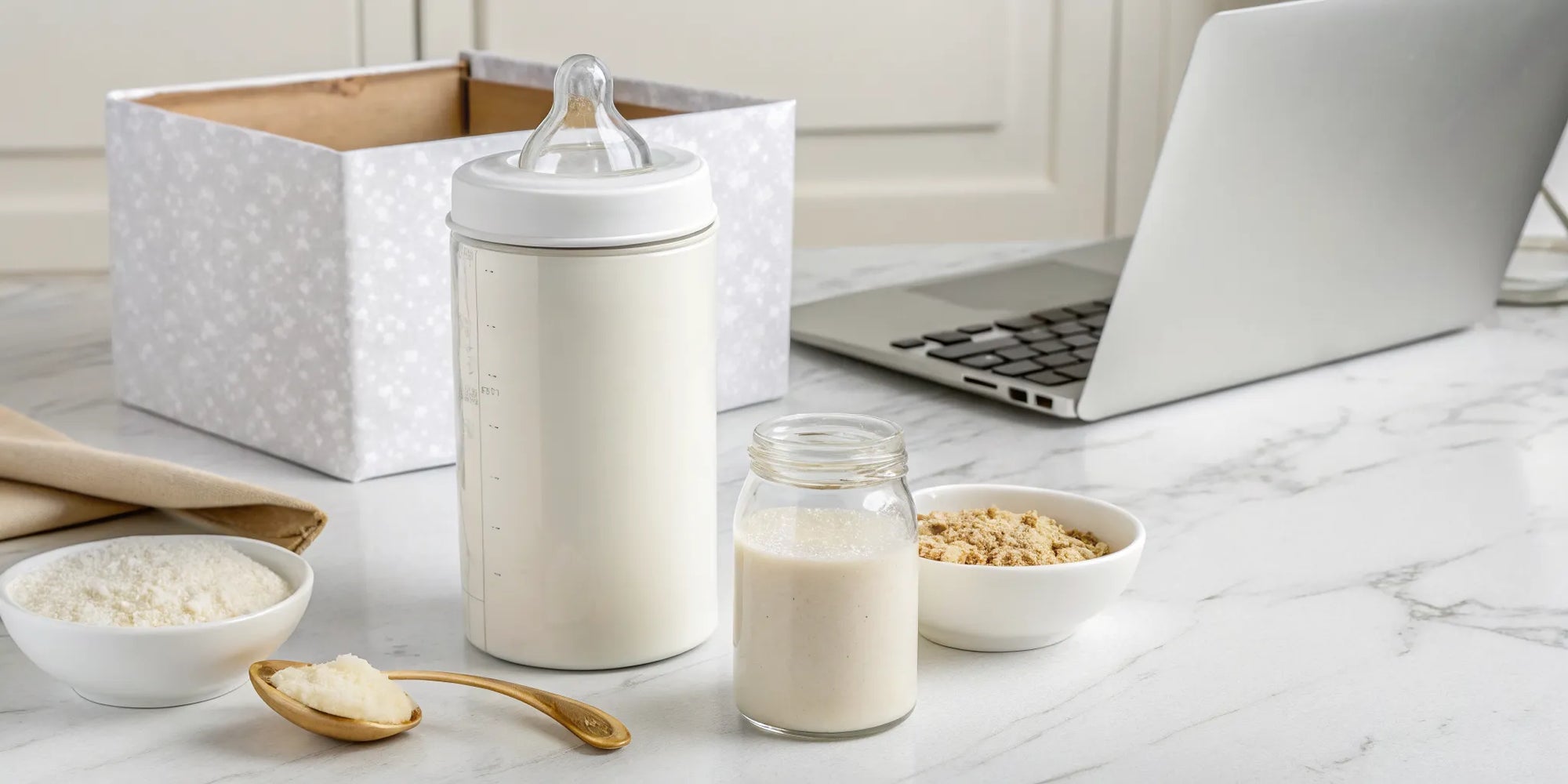 A container and bottle of whole food baby formula, a safe choice to buy online.