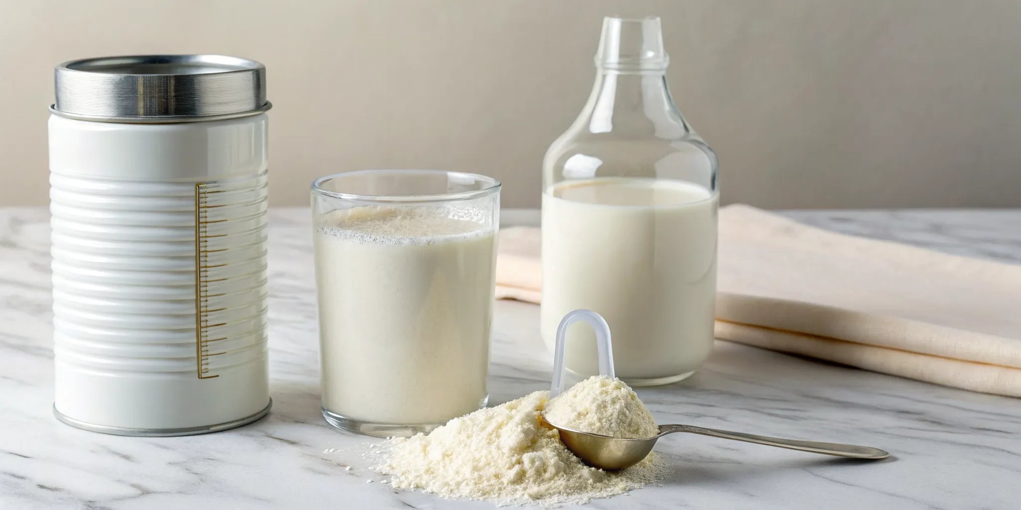 A scoop of formula and a bottle of plant-based milk for transitioning a toddler.