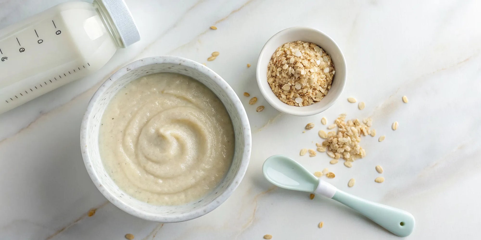 A bowl of baby cereal and a spoon to help safely manage infant reflux.
