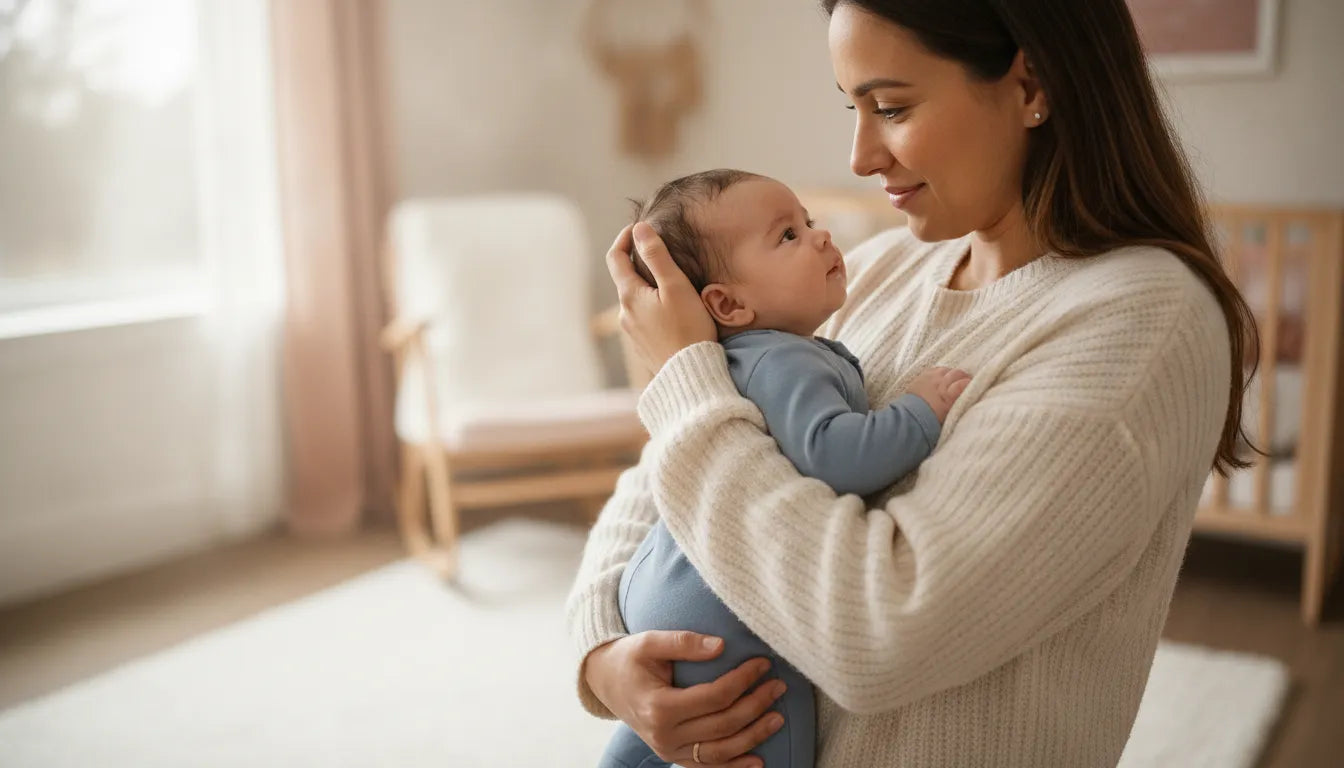 Parent soothing a calm baby in a bright, cozy nursery