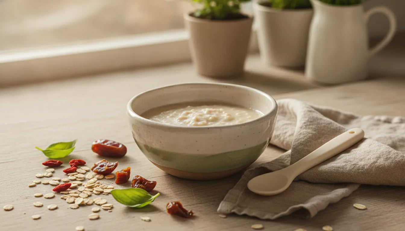 Bowl of smooth baby cereal with a spoon and oats