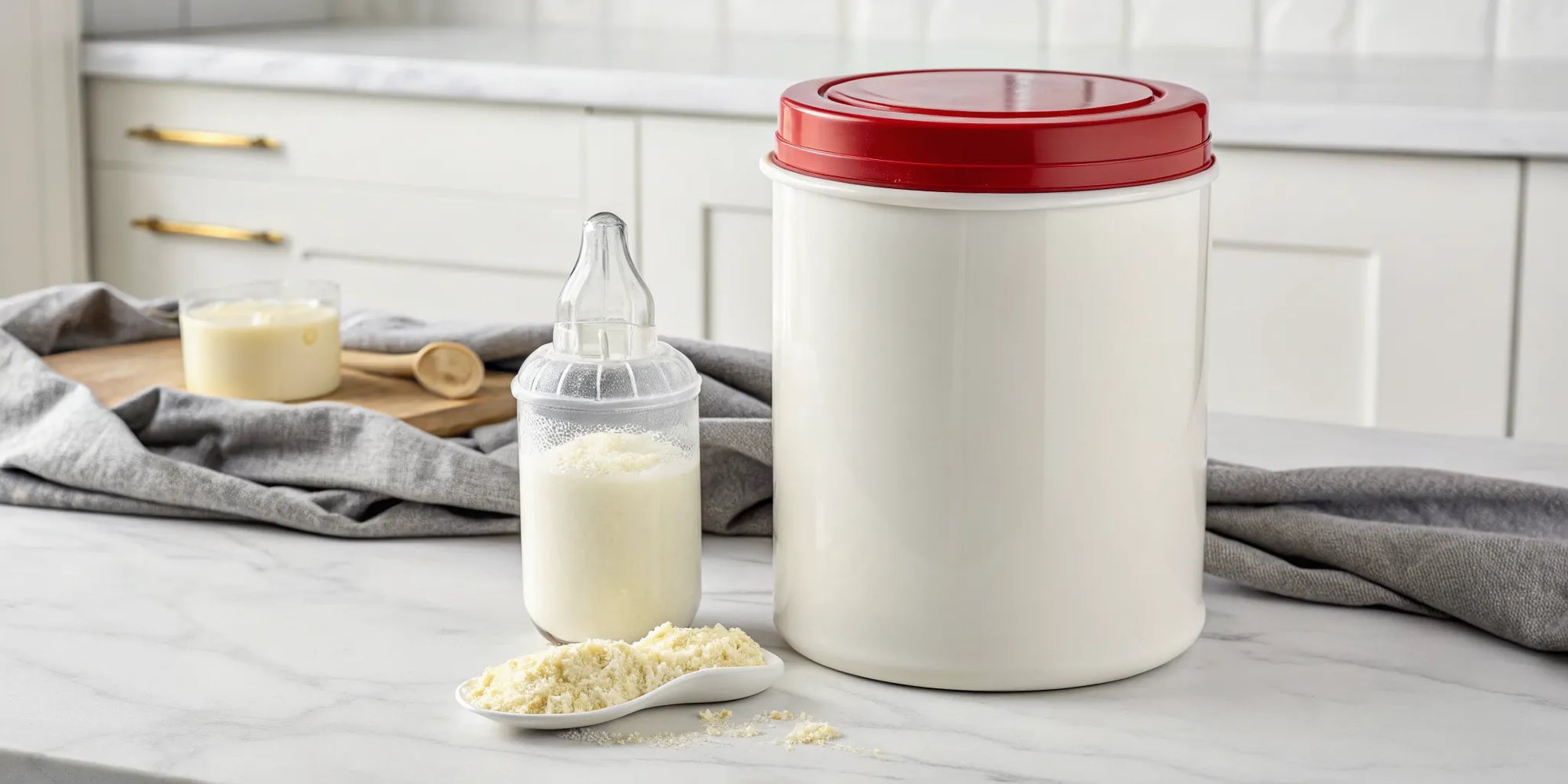 A container of Costco baby formula with a prepared bottle, ready for a baby.