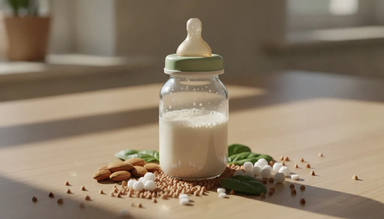 Plant-based baby formula in a bottle surrounded by almonds, buckwheat, and tapioca whole-food ingredients