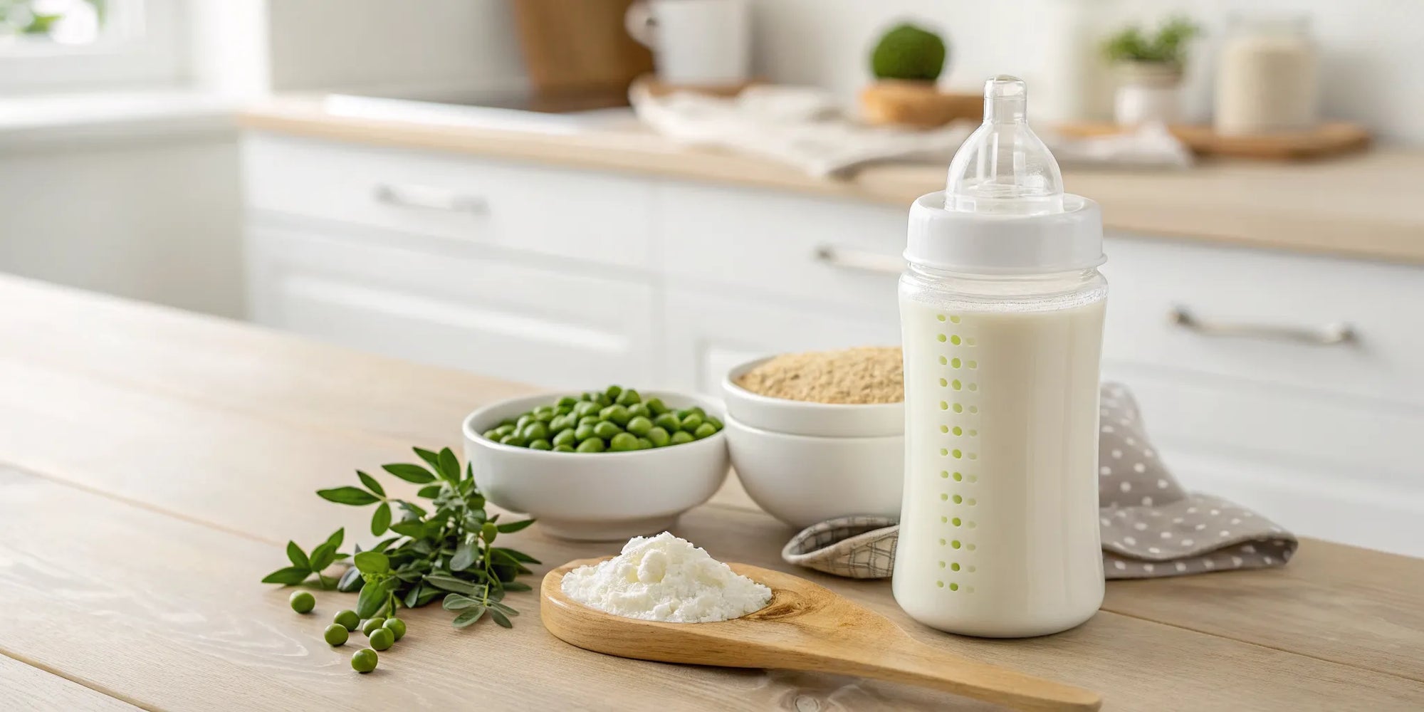 A bottle of safe plant-based toddler formula with peas and other plant ingredients.