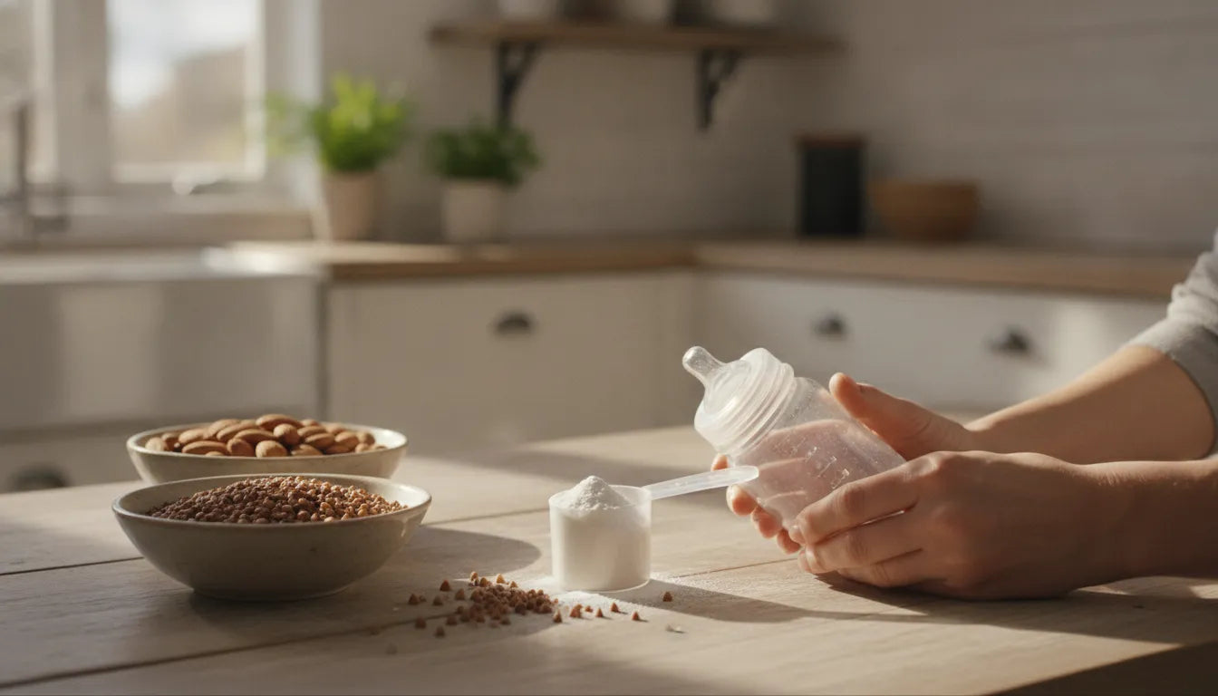 Parent preparing a bottle of clean, whole-food based baby formula in a bright kitchen