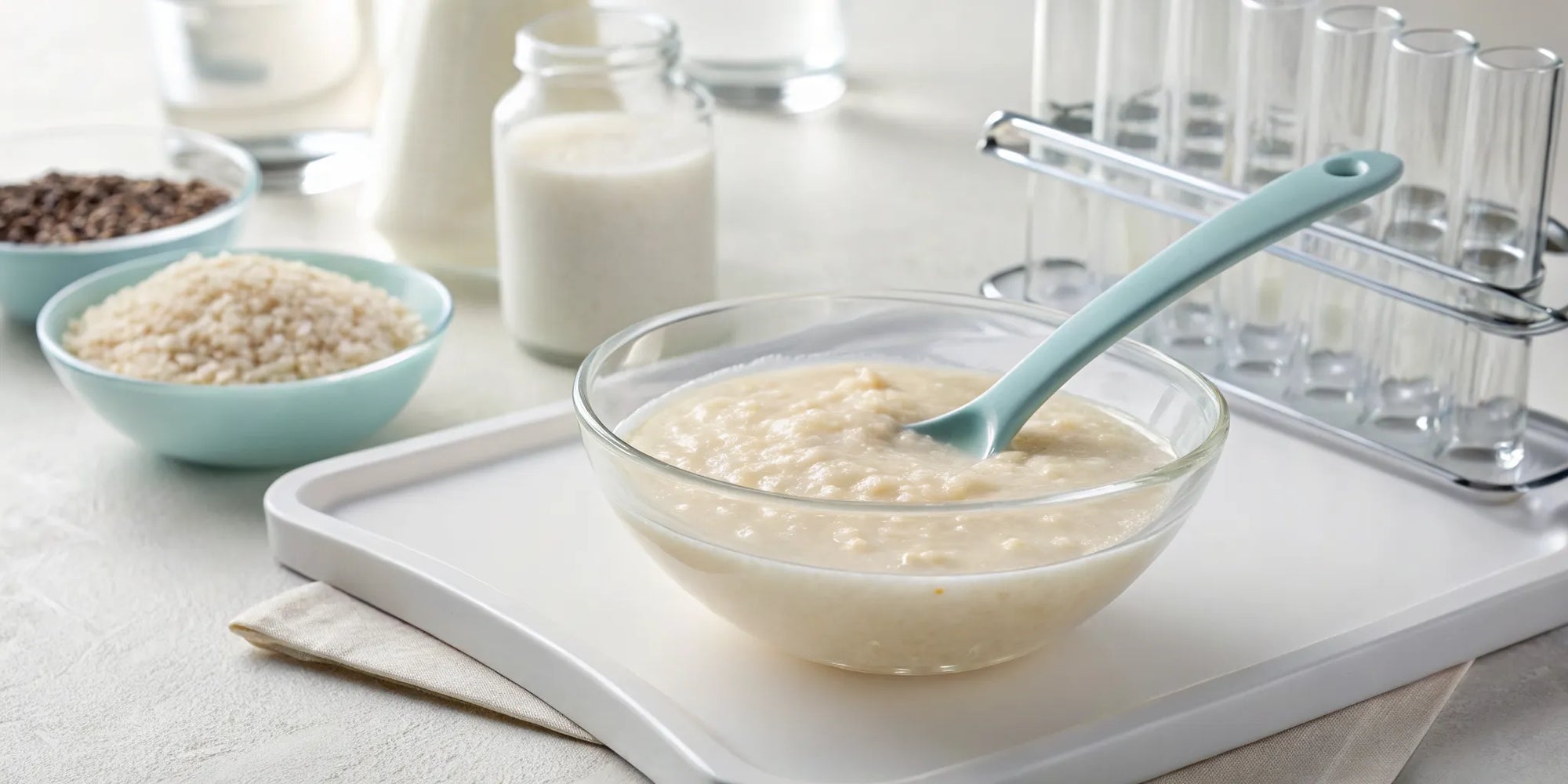 A bowl of baby rice cereal, a food questioned for its safety due to arsenic risk.