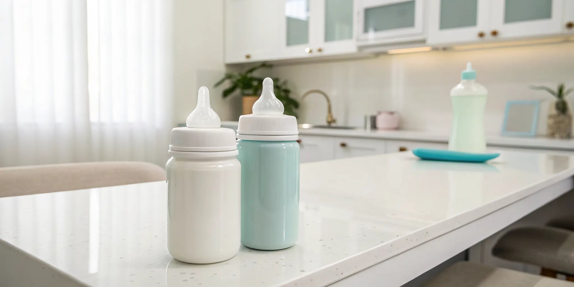 Infant formula vs. toddler formula in two separate baby bottles.