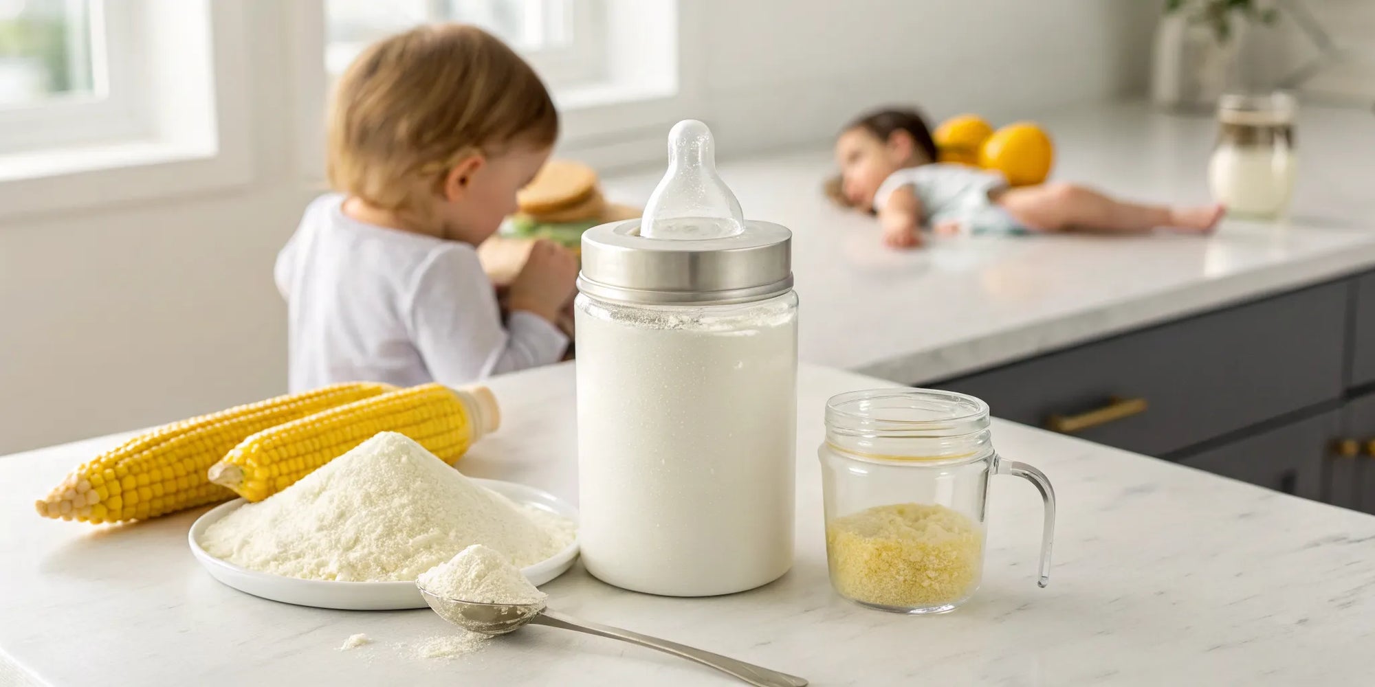 A toddler with a bottle and corn, raising questions about corn syrup sensitivity in formula.