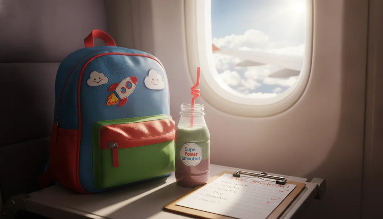 Colorful children's backpack sitting next to a plant-based kid's shake on a table during a trip.