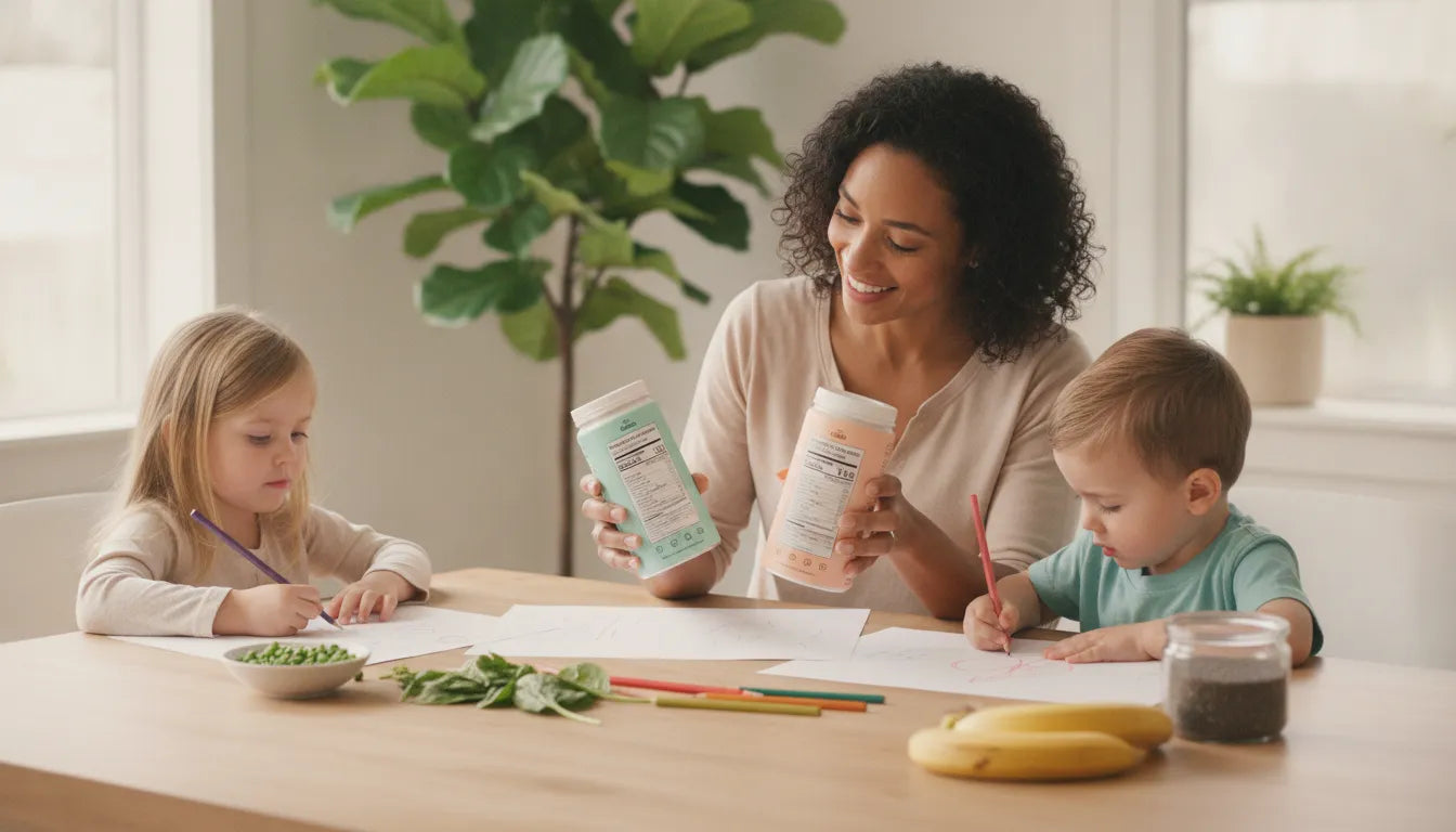 Parent comparing kids protein shake and nutrition shake labels