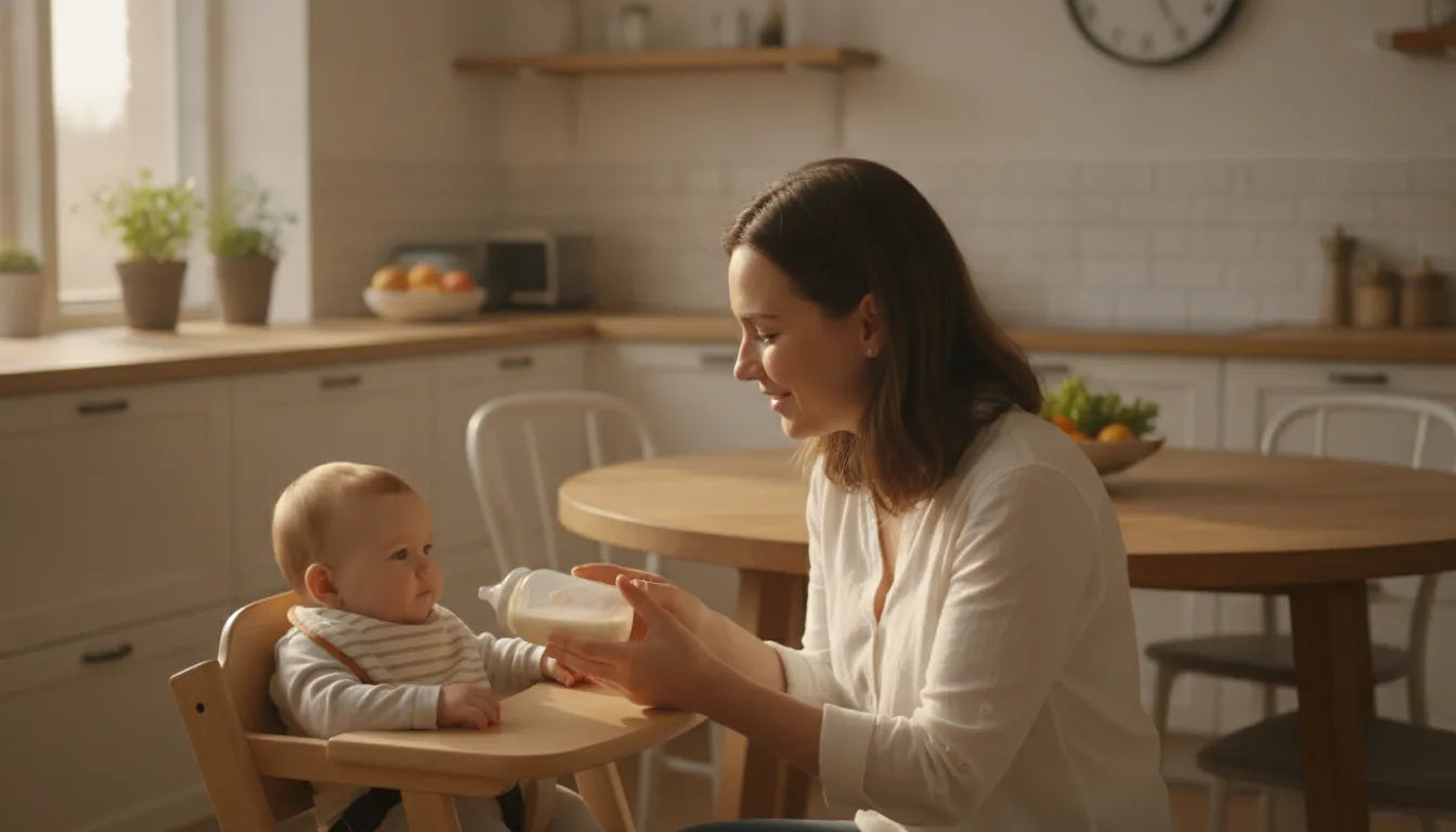 Mother gently feeding her happy baby in a bright kitchen, warm and reassuring mood