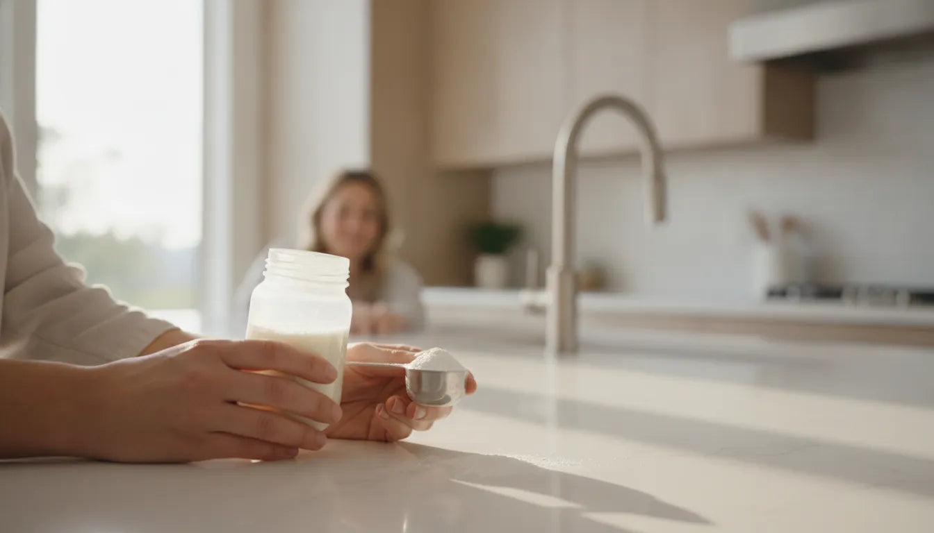 Parent preparing and comparing liquid and powder baby formula bottles in a bright kitchen