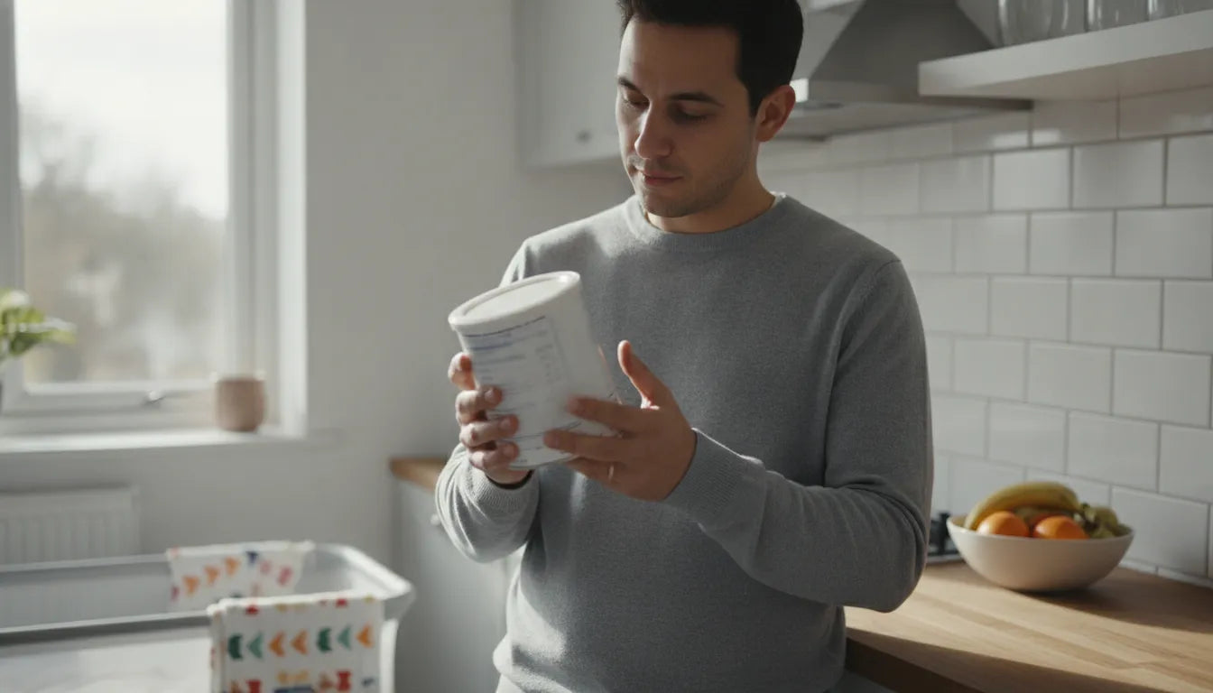 Parent reading a baby formula ingredient label