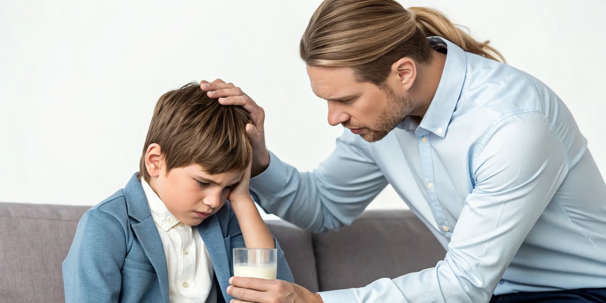 Parent comforts a child with milk allergy symptoms next to a glass of milk.