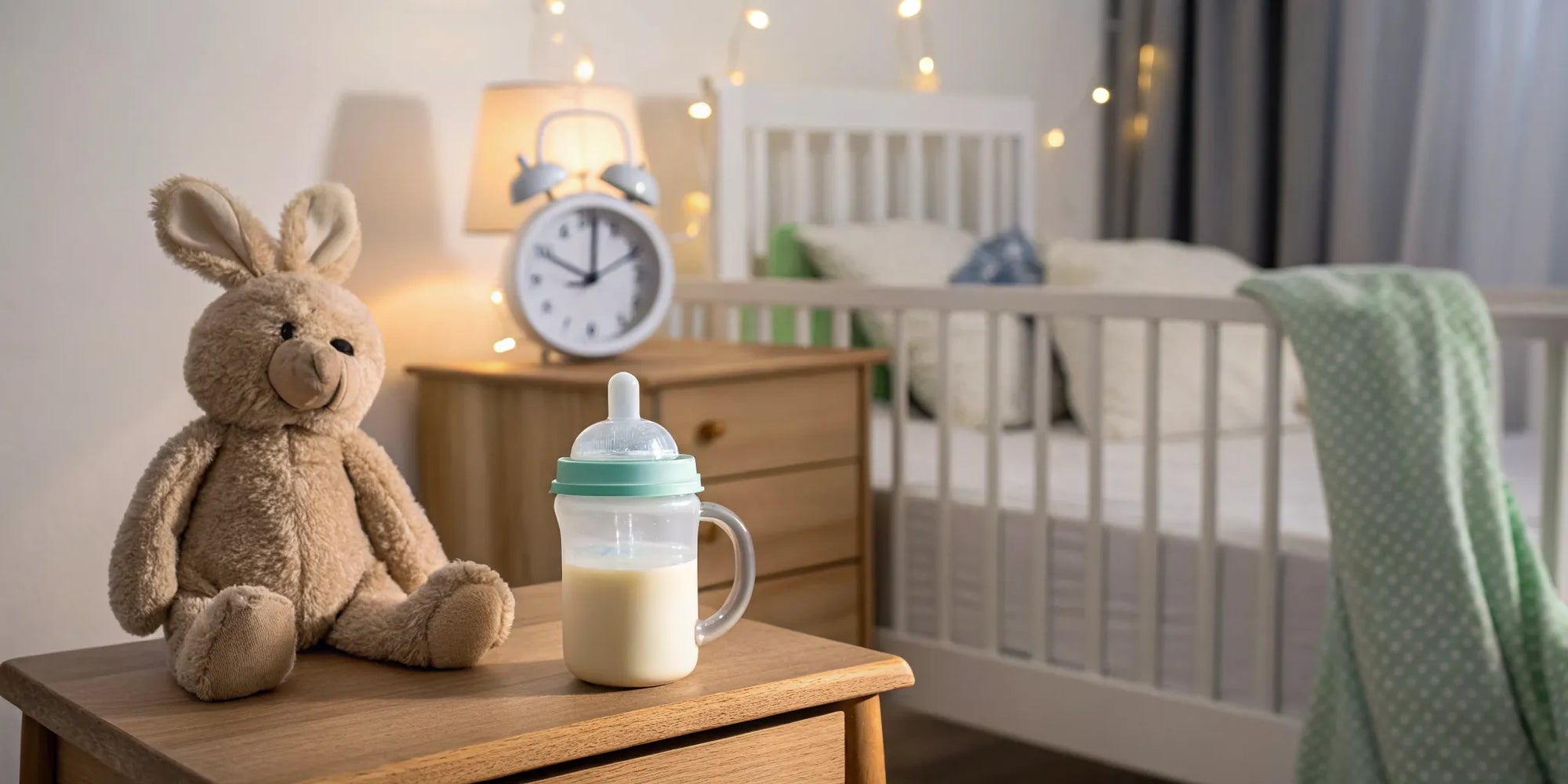 A bottle of milk for a toddler sits on a nightstand before bed.