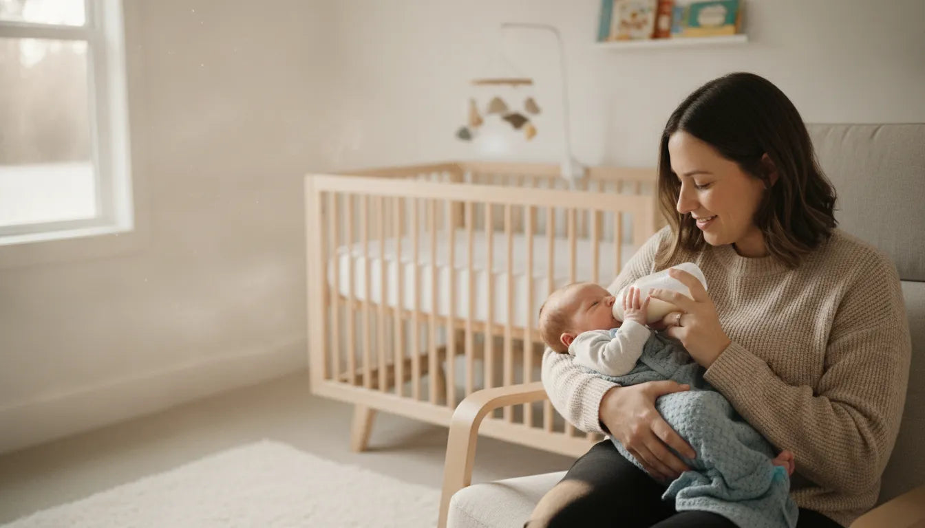 A parent gently feeding a newborn baby a bottle in a bright, calm nursery