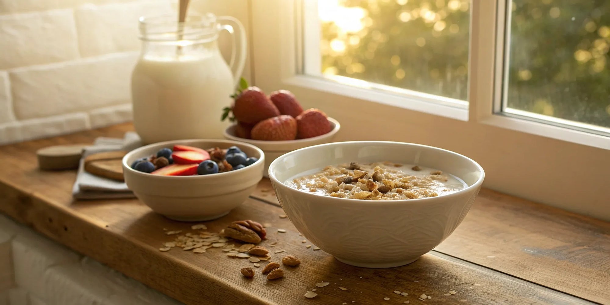 A creamy bowl of oats made with milk and topped with fresh berries.