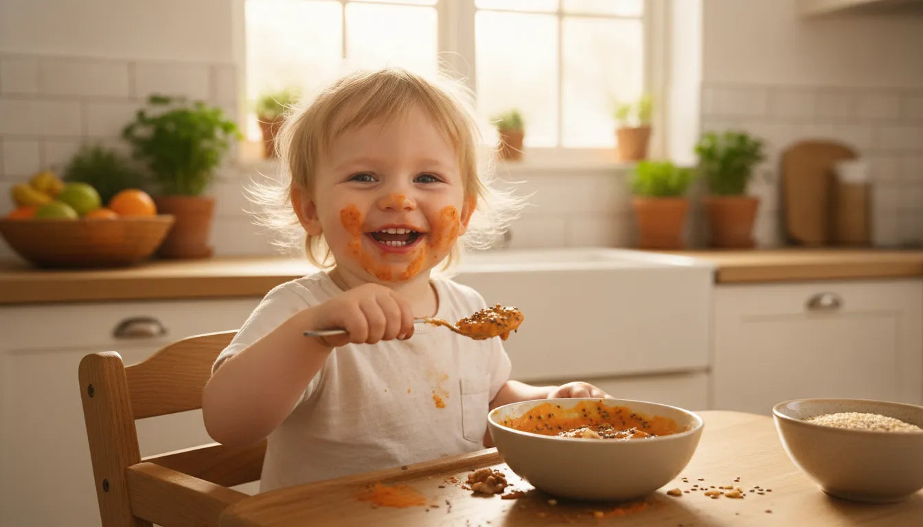 Happy toddler eating a meal with chia seeds and walnuts in a bright kitchen