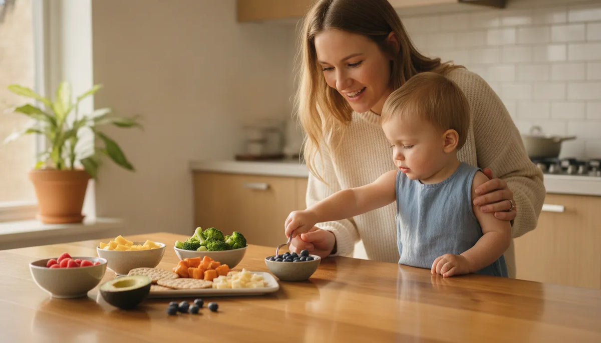 Parent and child exploring wholesome foods together at a bright kitchen table