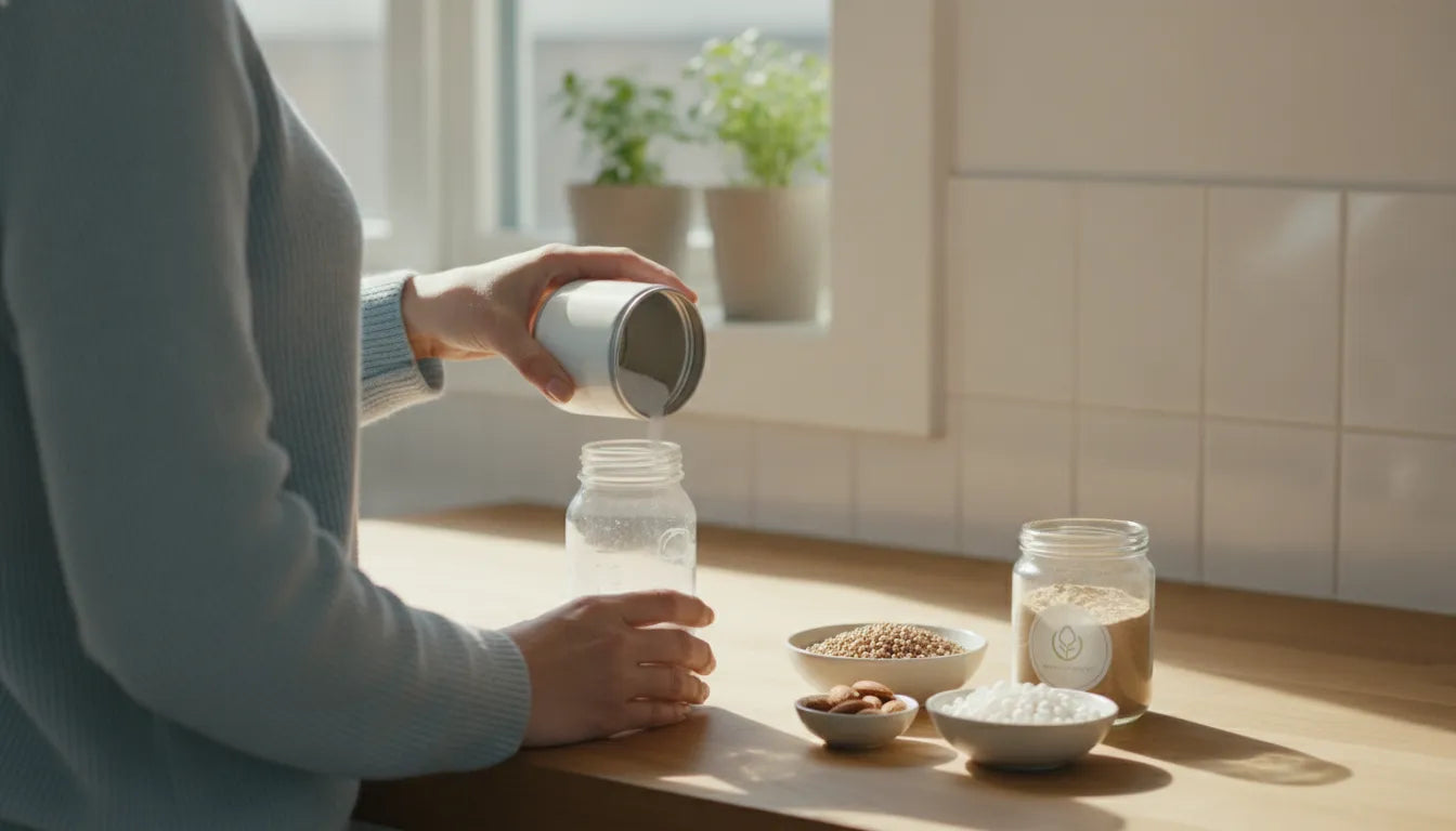 Parent preparing plant based baby formula in a bright kitchen