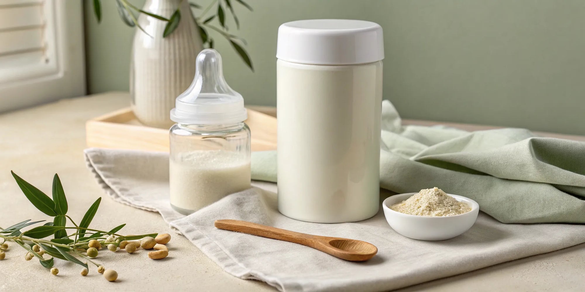 Plant-based baby formula in a bottle for a baby with a sensitive tummy.