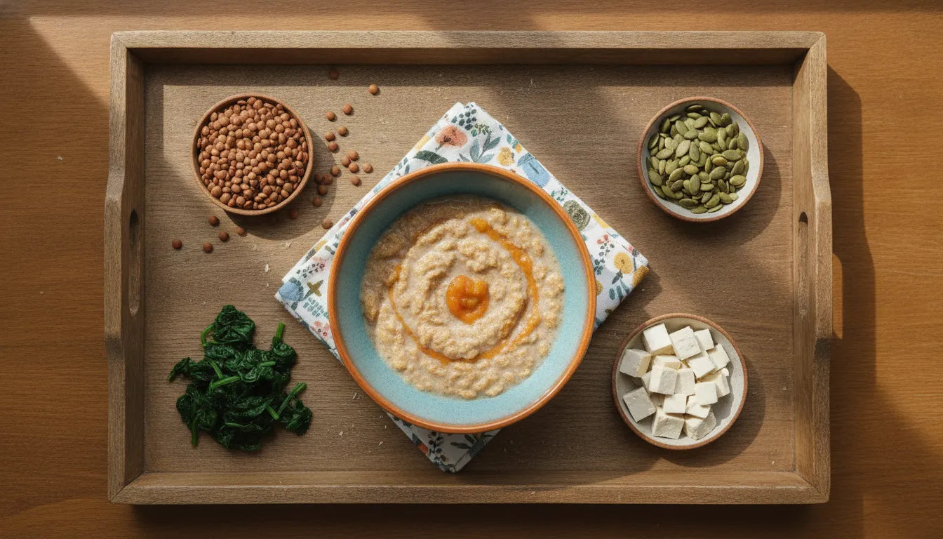 Flat lay of plant-based iron-rich foods for babies including lentils, tofu, pumpkin seeds, and baby cereal on a wooden tray